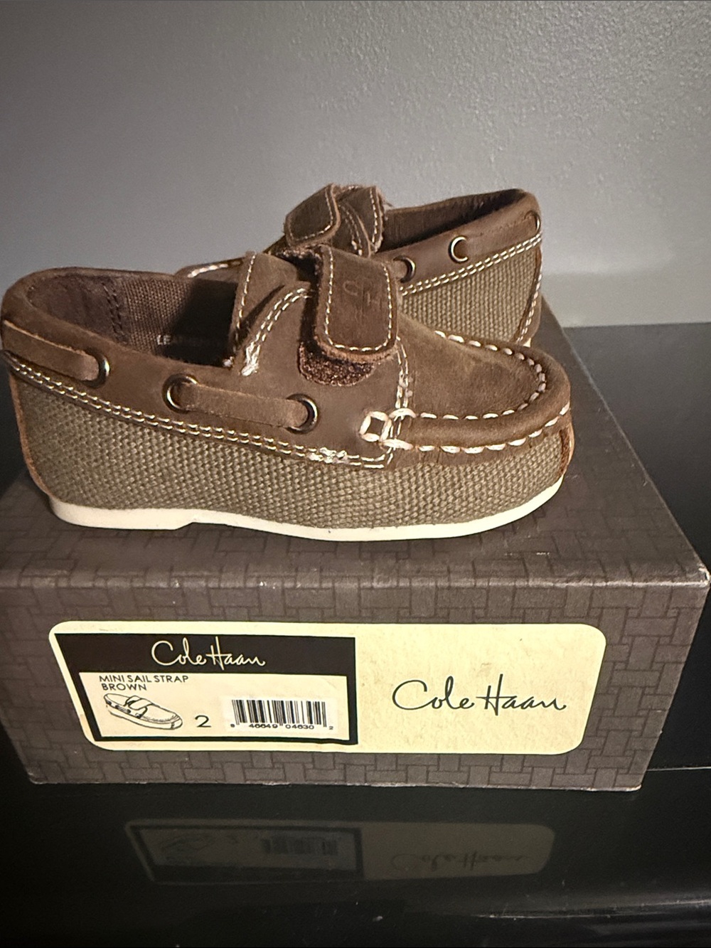 Cole Haan Kids Brown Suede & Woven Moccasins with Hook Strap